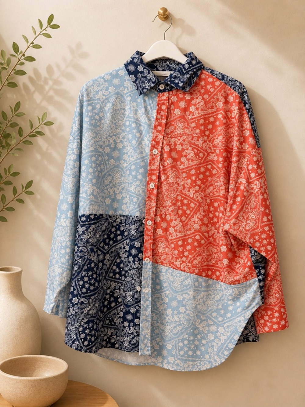 Colorblock Bandana Print Long-Sleeve Shirt - Blue & Red